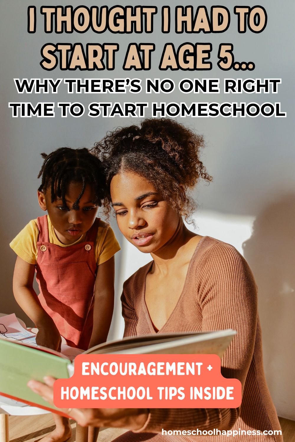 Pinterest pin titled ‘What Age to Start Homeschooling?’ with image of mom reading to two children.