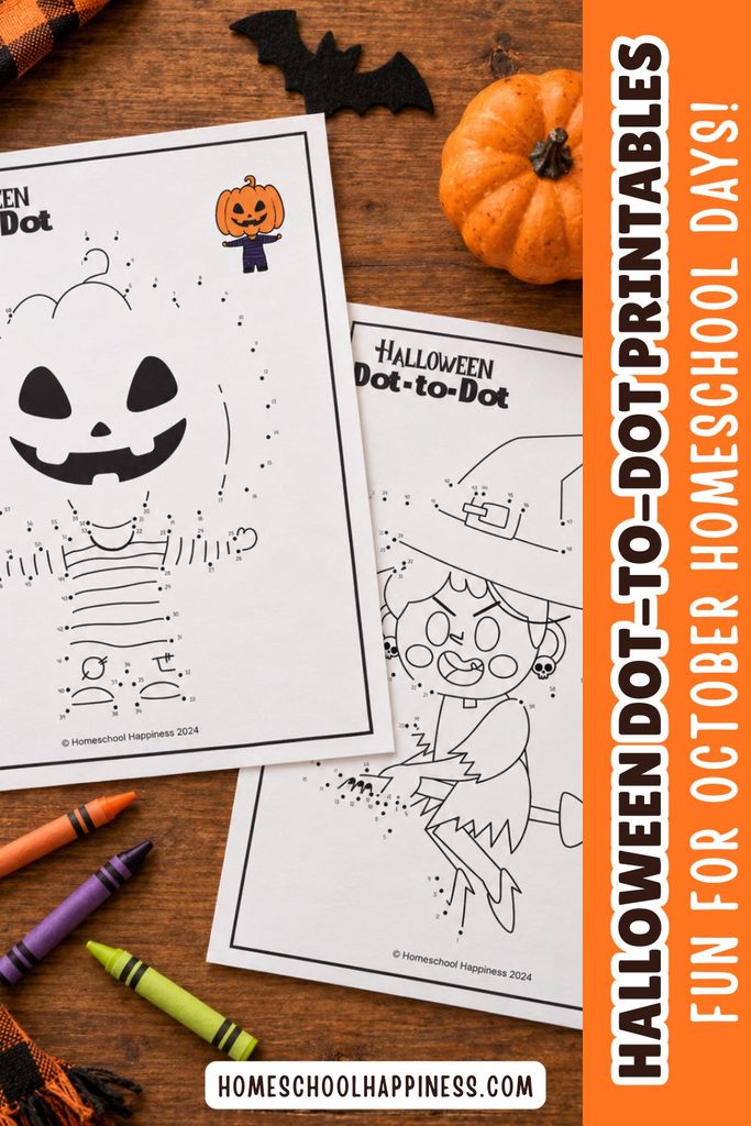 Halloween connect the dots printables for kids featuring a pumpkin skeleton and witch, with crayons on a wooden table and text reading “Fun for October homeschool days.”
