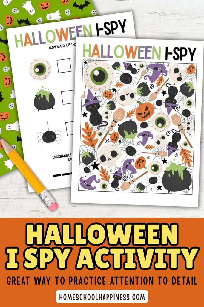 Halloween I Spy printable worksheet for kindergarten and early elementary kids with counting, visual scanning, and hidden picture activities.