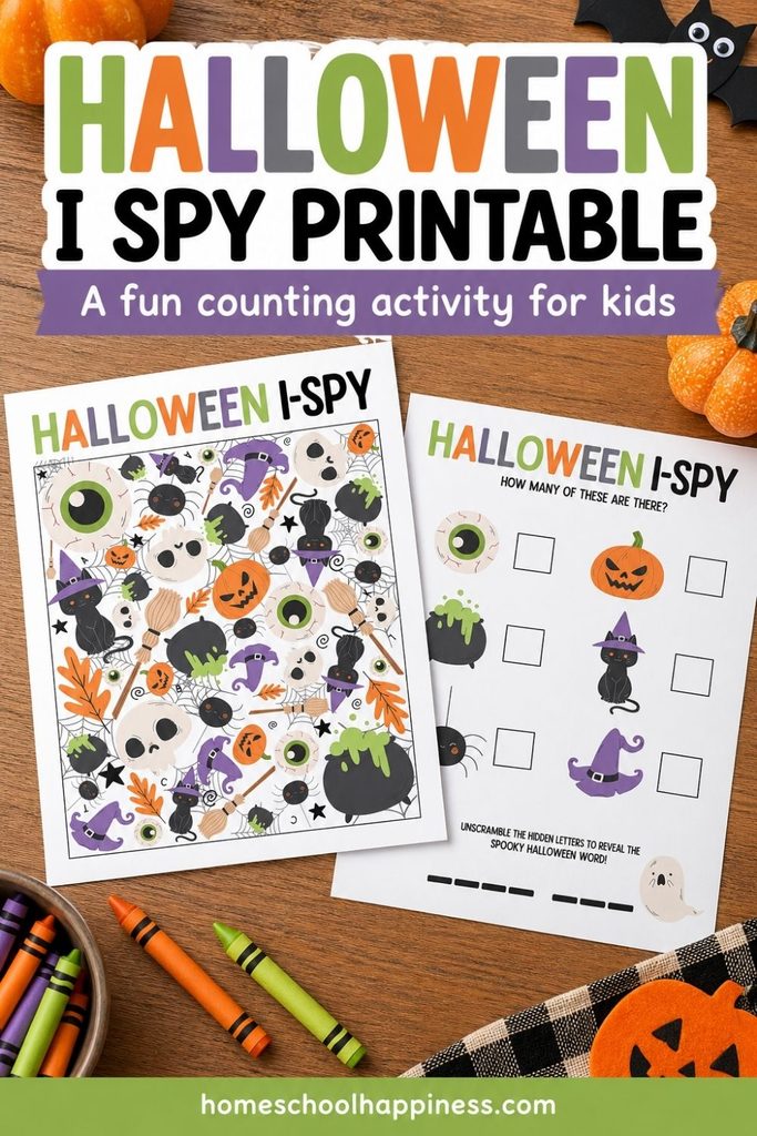Halloween I Spy printable for kids featuring a counting worksheet and hidden letter activity for kindergarten and early elementary homeschool.