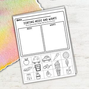Free Needs and Wants Picture Sort Printable for Kids