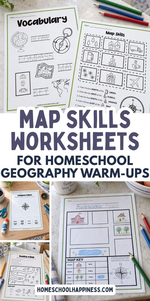 Free map skills worksheets for homeschool geography warm-ups featuring vocabulary, compass points, map reading, and map-making activities.