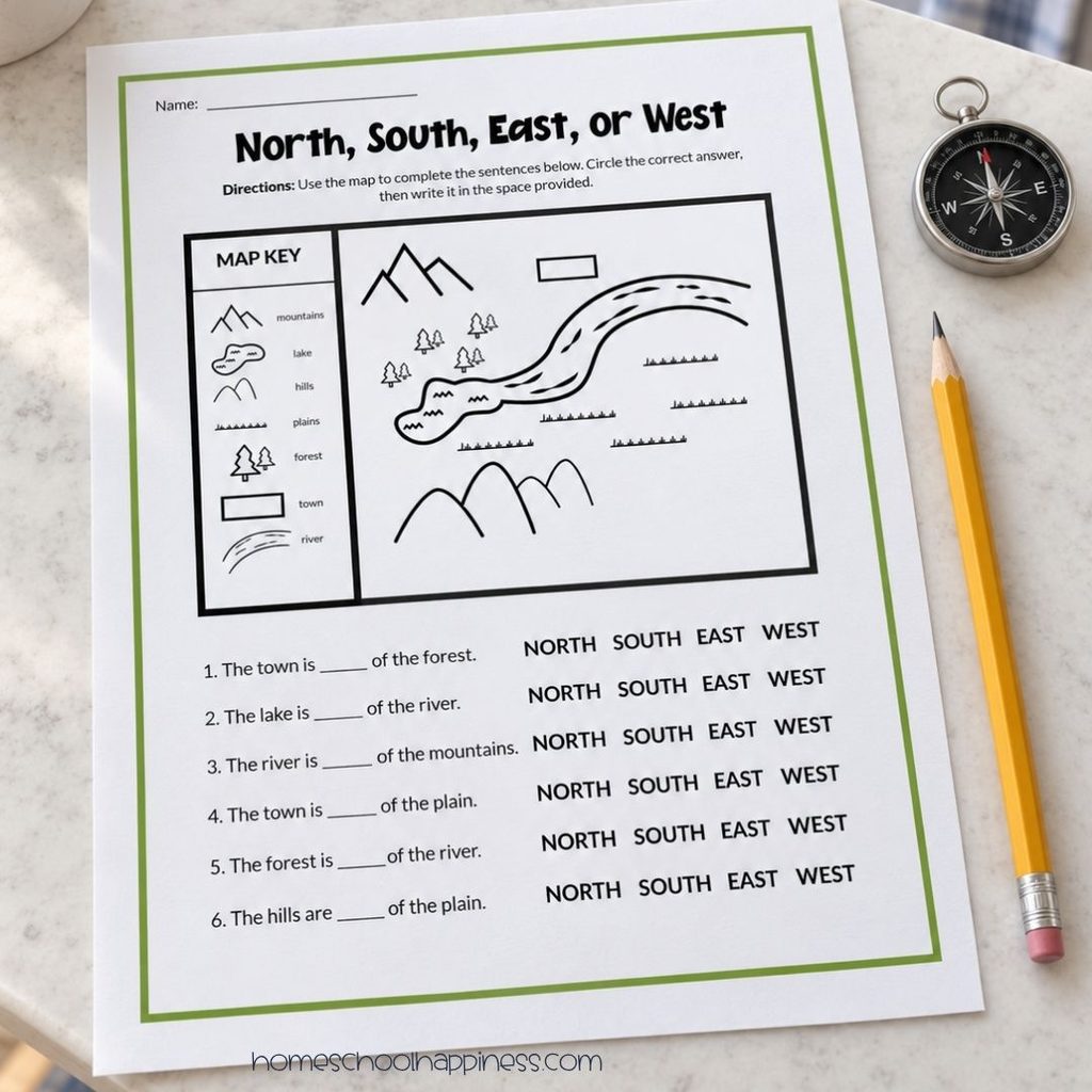 Free printable map skills worksheet for practicing north, south, east, and west using a map key, shown with a pencil and compass.