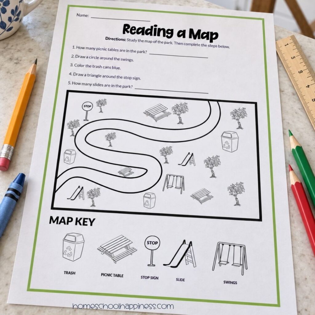Reading a map worksheet featuring a park map and map key, surrounded by pencils, a crayon, and a ruler on a kitchen table.