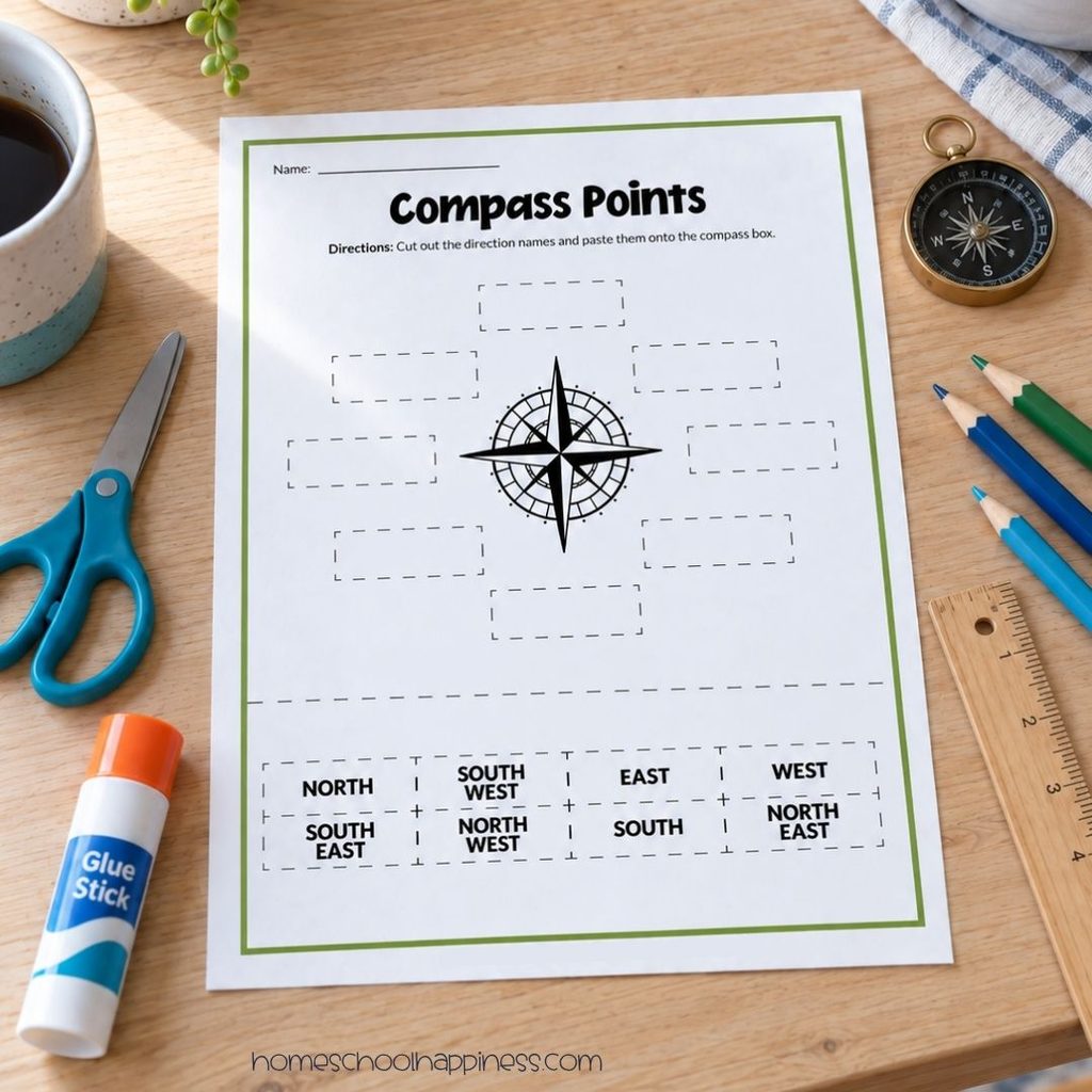 Compass points worksheet with cut-and-paste direction labels, surrounded by scissors, glue, colored pencils, a ruler, and a compass.