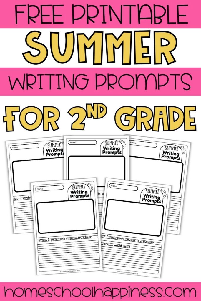 Free printable summer writing prompts for 2nd grade featuring printable writing worksheets with drawing space and lined writing sections for elementary students.