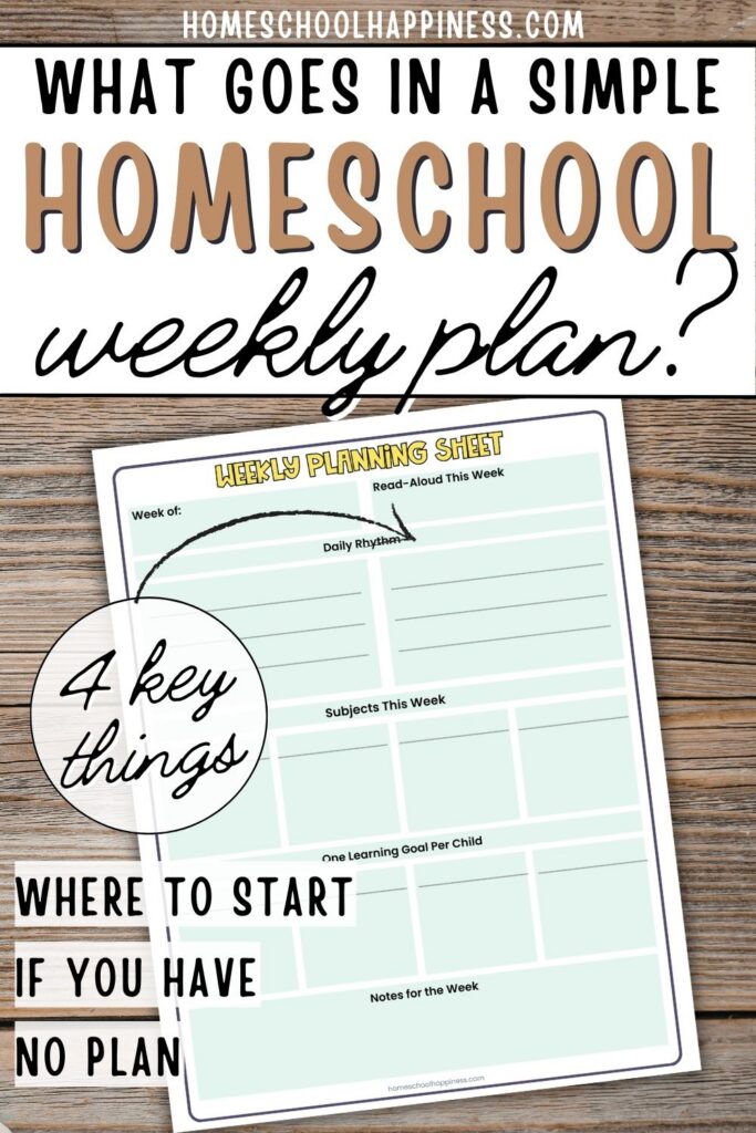 
Simple homeschool weekly plan printable on a wood background with text overlay: What Goes in a Simple Homeschool Weekly Plan — 4 key things and where to start if you have no plan