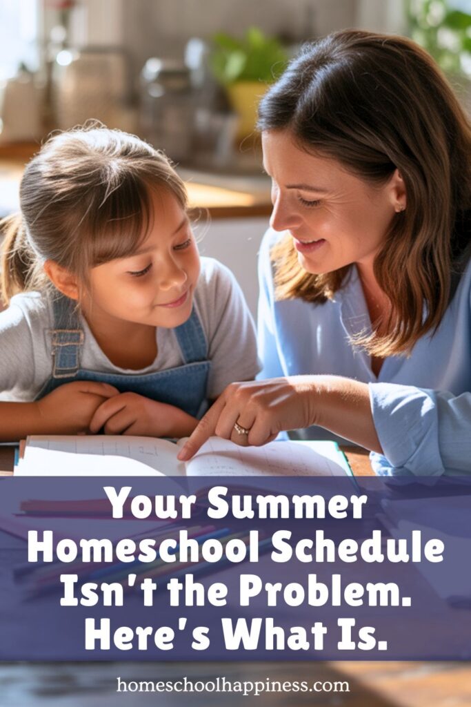 Mom and young child reading together at a kitchen table during their homeschool summer rhythm