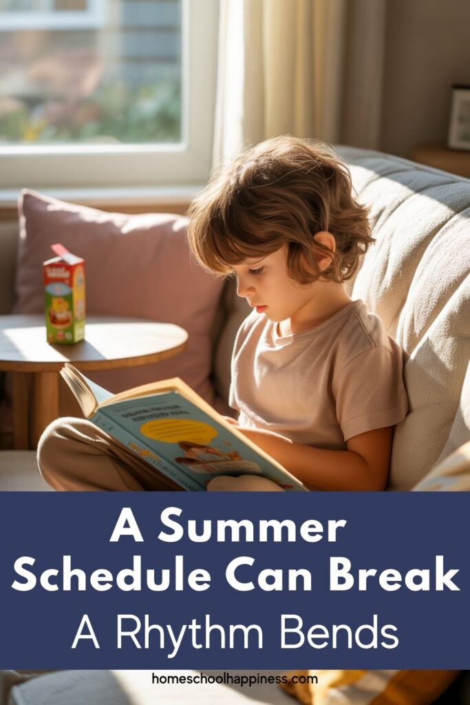 Young child reading independently on a couch in natural morning light, homeschool summer rhythm